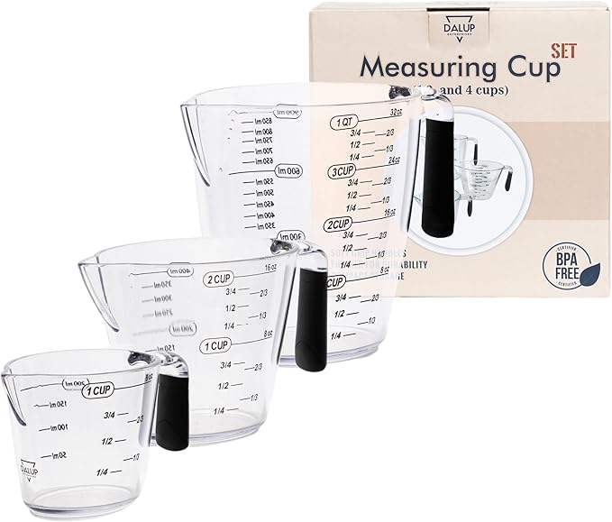Dalup Measuring Cup Set – Clear Plastic Liquid Measuring Cups (8/16/32 oz) with Spout & Non-Slip Handle | 3-Piece Plastic Measuring Cup Set for Liquids & Dry Ingredients