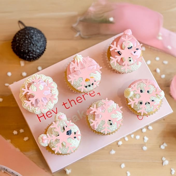Gyufise 60Pcs Edible Snowflake Cupcake Toppers Winter Cupcake Picks Water Paper Winter Frozen Cake Decorations for Snowflake Theme Baby Shower Kids Birthday Party Supplies Pink