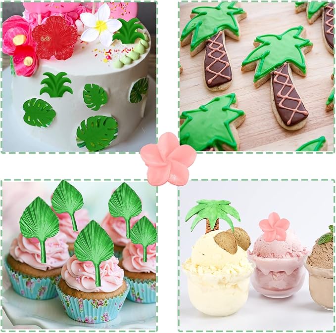 4 Pcs Tropical Flowers Leaves Mold Fan Leaf Fondant Mold Hibiscus Flower Monstera Leafage Palm Leaf Plumeria Flower Silicone Molds for DIY Chocolate Candy Cupcake Cake Topper Hawaiian Party Decoration