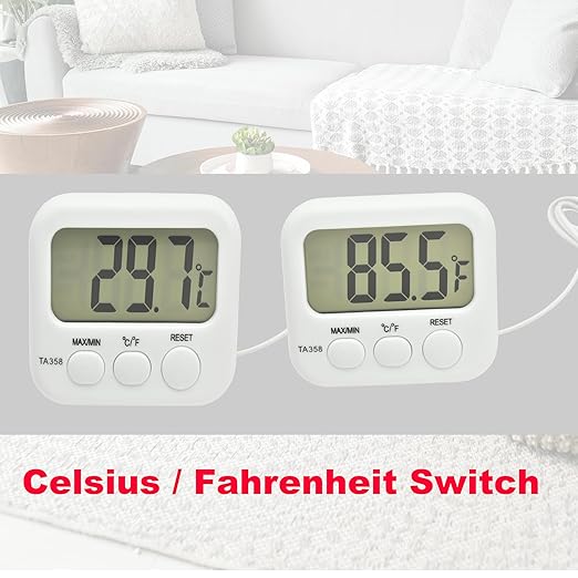 Small Digital Thermometer TA358 Celsius/Fahrenheit Temperature Indoor/Outdoor Meter Gauge with 5ft/1.5M Probe Sensor