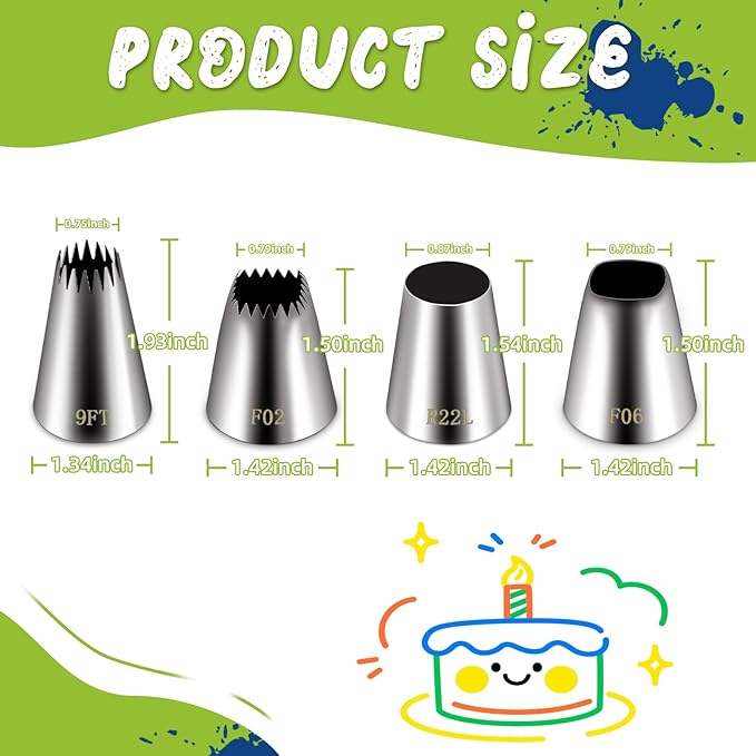 Suuker extra large piping tips set (F02 F06 9FT R22L), stainless steel round piping tip,large star square wide jumbo piping tips,eclair churro meringue for cake cupcake cookie decorating