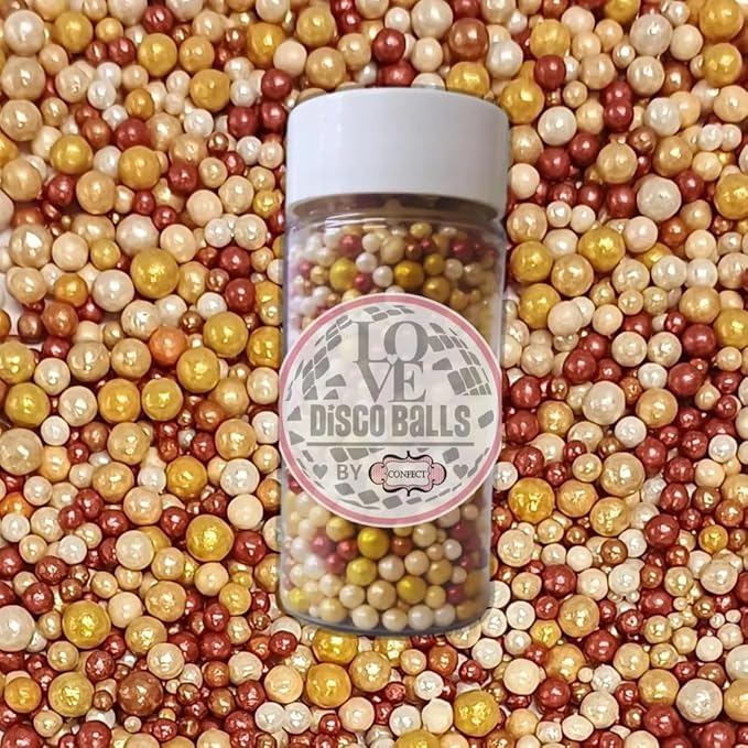 Confect Sprinkles - Love Disco Ball Sprinkles – Gold, Copper & White Pearl Mix – Edible Cake Decorating Balls for Cupcakes & Desserts – Vegan, Gluten-Free, Nut-Free, Soy-Free, Dairy-Free, Palm Oil-Free -4.2 Oz