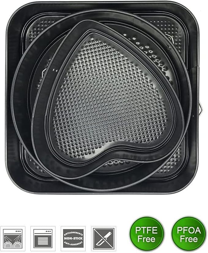 3Piece Cake Pan Set, Carbon Steel Round Heart Square Springform Pan Kit for Easy Release Baking in Kitchen (18/20/22)