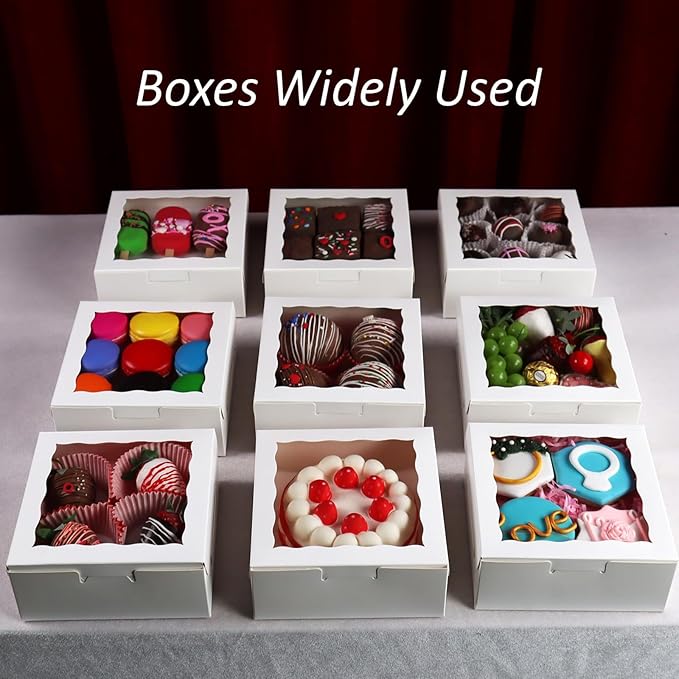 RomanticBaking 54PCS 6"x6"x2.5" Bakery Boxes with Window for Strawberry, Small Cake, Macaron, Pie,Truffle Chocolate & More