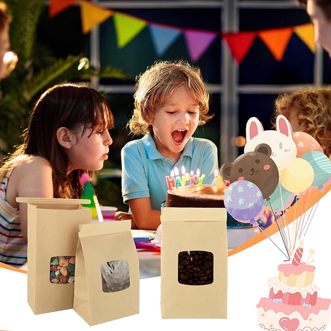 QTLCOHD 150 Pcs Small Bakery Bags with Window 3.54 x 2.36 x 6.7 Brown Tin Tie Tab Lock Kraft Paper Bread Bags for Cookies, Treat, Coffee, Pastry