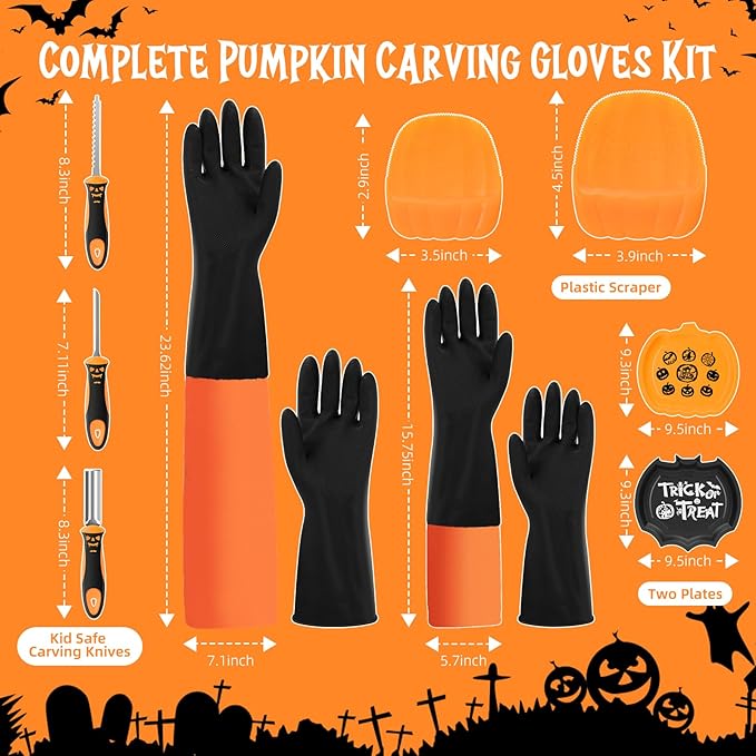 Pumpkin Scraper Glove - Complete Halloween Pumpkin Carving Kit,2 Pairs of Gloves & 2 Scrapers(One for Adults,One for Kids),3 Pumpkin Carving Tools,Easily Clean & Carve Your Halloween Pumpkins.