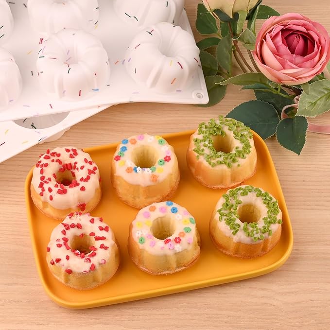 HUAKENER 3 Pcs Mini Fluted Cake Pan, 6-Cavity Fluted Tube Cake Pan, Non-stick Silicone Baking Mold for Cupcakes, Donuts, Muffins, Cornbread, Brownies, Jellies