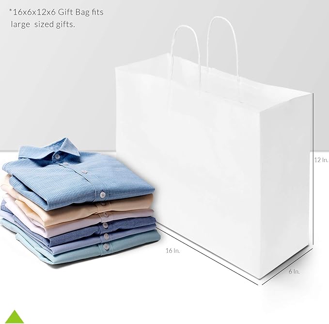 Prime Line Packaging White Gift Bags, Paper Shopping Bags with Handles for Small Business, Boutique, Merchandise, Retail, Party Favors, Bulk, 16x6x12, 200 Pack