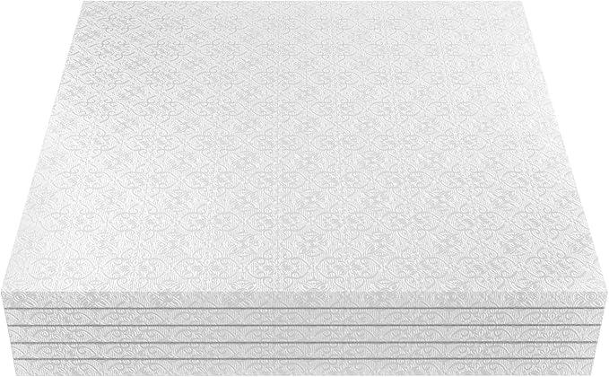 O'Creme Cake Board, White Square Cake Drums with Gorgeous Design, Sturdy & Durable 1/2' Thick, 10' x 10' Inch, Pack of 5 Disposable Drums