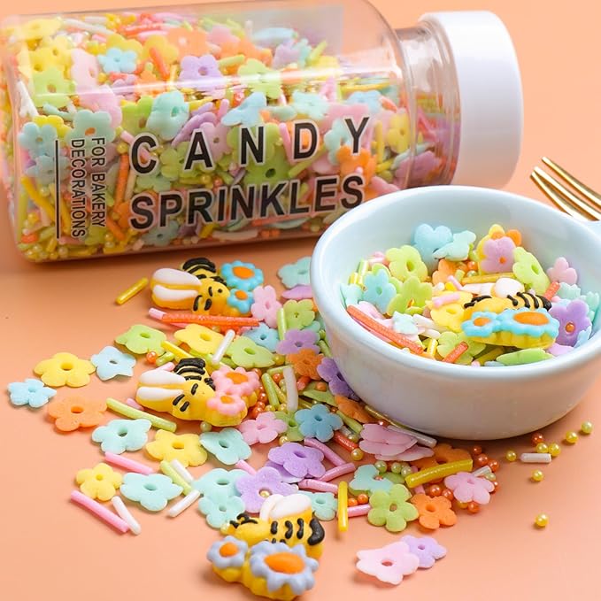 Flower Sprinkles for Cake Decorating, Edible flower and Bee Sugar Mix, Perfect for Cake Decorations, Baking, Ice Cream, Cookies, Cupcake Toppers