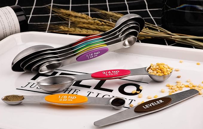 Magnetic Measuring Spoons Set of 9 Stainless Steel Stackable Dual Sided Teaspoon Tablespoon for Measuring Dry and Liquid Ingredients Fits in Spice Jars