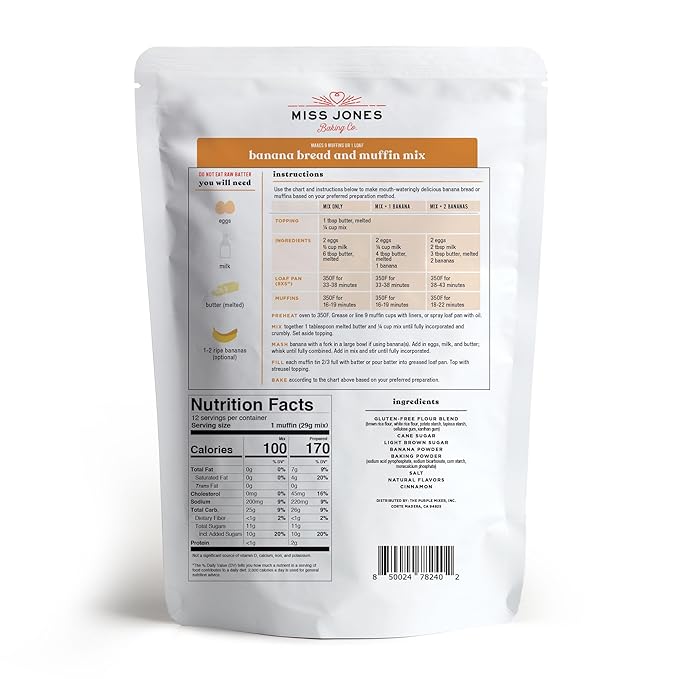 Miss Jones Baking Gluten Free Banana Bread & Muffin Mix - 50% Lower Sugar, Real Banana, Naturally Sweetened Desserts & Treats, 12.35 Ounce (Pack of 1)