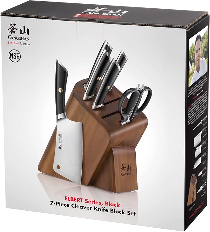 Cangshan ELBERT Series German Steel Forged Cleaver Knife Block Sets, Acacia (7-Piece, Black)