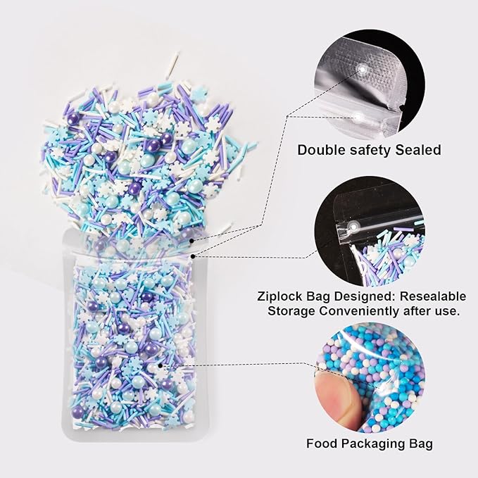 HUEBEATY 6-in-1 Frozen Snowflakes Sprinkles for Cake Decorating- 180g Winter Cake Sprinkles with Jimmies, Nonpareils, Blue & Silver Sugar, Edible Frozen Cake, Cupcake Toppers & Birthday Decorations for Cakes, Cupcakes, Cookies & Icecream