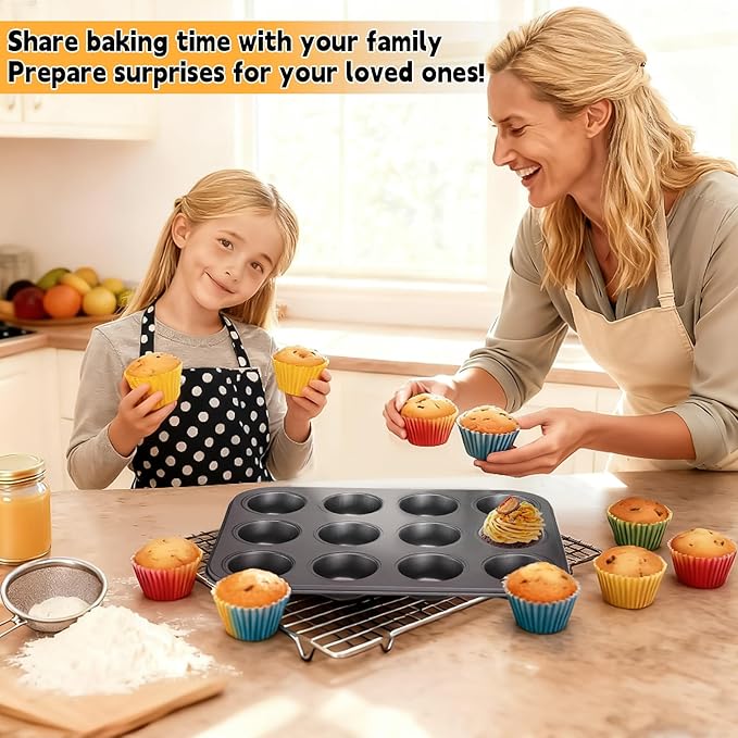 Unokit Muffin Pan for Baking - 2PCS 12-Cup Regular Cupcake Pan with 24PCS Nonstick Cupcake Liners, Carbon Steel Muffin Tin for Oven, BPA Free and Dishwasher Safe