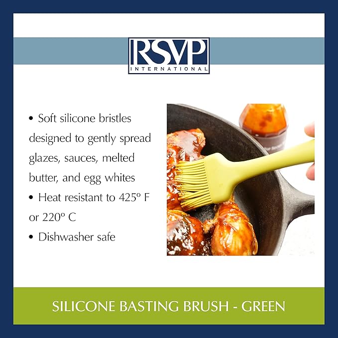 RSVP International Silicone Basting Brush, Green, 8.75" | Gently Spreads Butter, Sauces, Marinades, & More | Dishwasher Safe & Heat Resistant | BBQ Grill, Baking, Preparing Meats