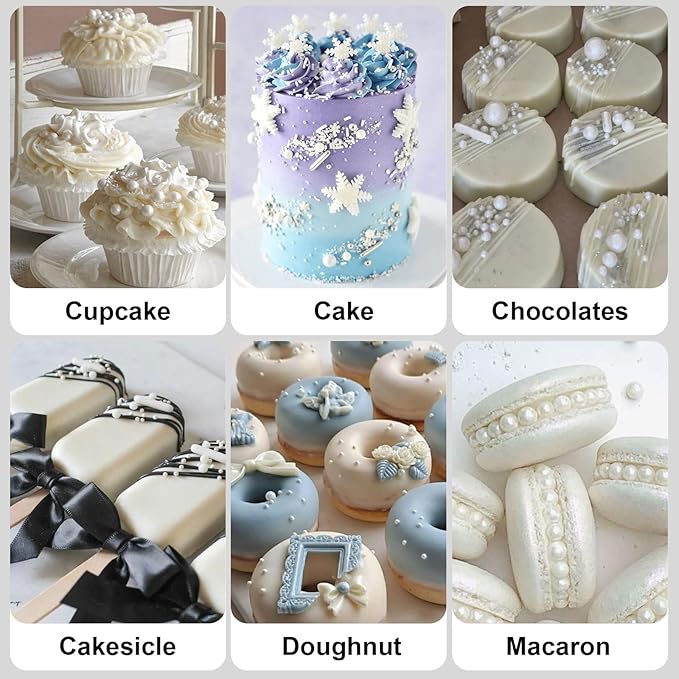 HUEBEATY 7-in-1 White Edible Pearls Sprinkles with Claw Sprinkle Pen โ 180g/6.36oz White Cake Sugar Pearls 2mm to 10mm & Sugar Rods for Cake Decorating, Cupcakes, Cookies, Wedding & Valentines Desserts