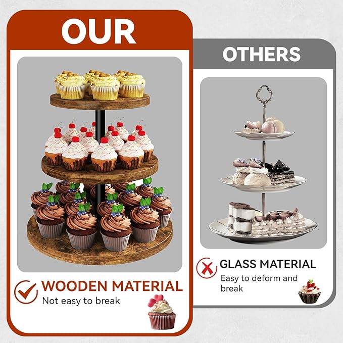 IBUYKE 3 Tier Cupcake Stand,Wood Durable Cupcake Tower,Round Serving Display Stand,Dessert Table Display Tree Tower for Birthday,Home Party, Wedding, Baby Shower,Rustic Brown UTLJ017H