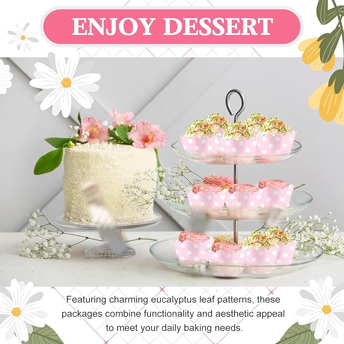 Domensi 100 Pcs Pink Polka Dots Cupcake Wrappers Rustic Cupcake Liners Baking Cups Baking Liners for Wedding Bridal Baby Shower Birthday Breast Cancer Awareness Party Supplies Dessert Decoration
