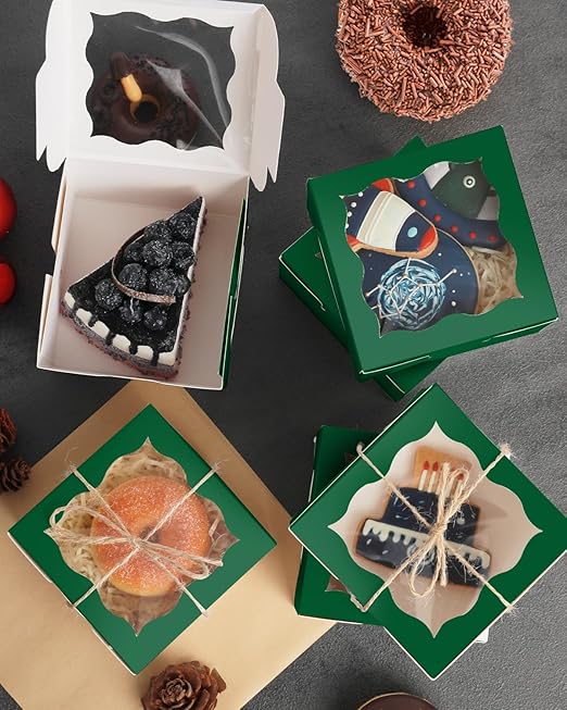 qiqee Deep Green Bakery Box with Window 4x4x2.5 inch 30Packs Macaron Boxes Small Donut Pastry Boxes for Party Mini Cookie Boxes