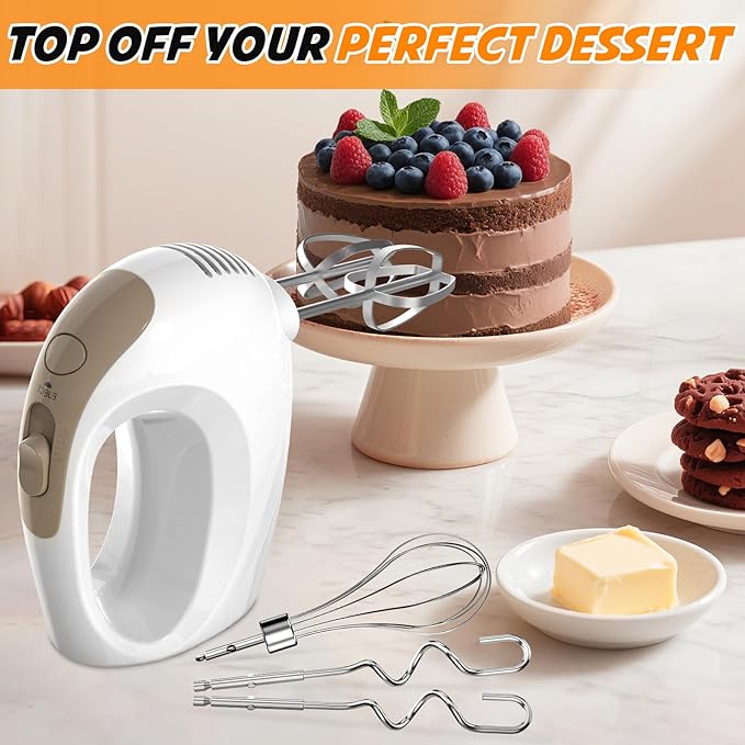 Handmixer - 5 Speed Portable Kitchen Mixer Electric Handheld with 5 Stainless Steel Accessories Whisk, Food Beater, Ivory
