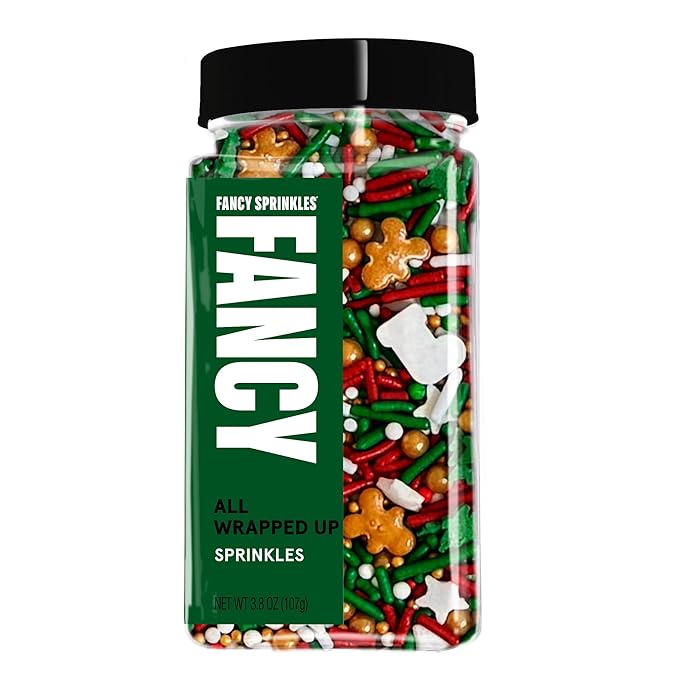 Fancy Sprinkles Limited Edition Holiday All Wrapped Up Red and Green Crunchy Sprinkles (Fancy's signature inclusion), Christmas Tree Shapes, White Stars, Nonpareils, Gingerbread Men and Stocking Shapes (0.5c)