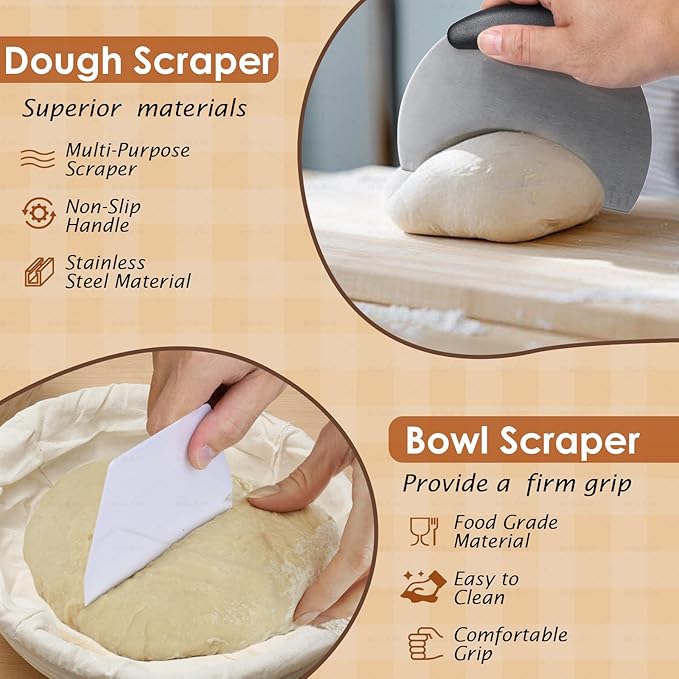Soudough bread baking supplies, Upoomart Banneton Bread Proofing Basket Set of 2, 9 Inch Round & 10 Oval Cane, 34oz Sourdough Starter Jar Kit, Dough Scraper Linen Liner