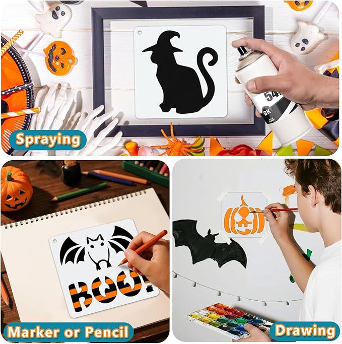 72 PCS 3x3 Inch Halloween Stencils for Painting - Pumpkin, Ghost, Bat, Spider Web Witch Skull Reusable Halloween Painting Templates on Wood, Glass, Fabric, Window Door Decor DIY Decoration