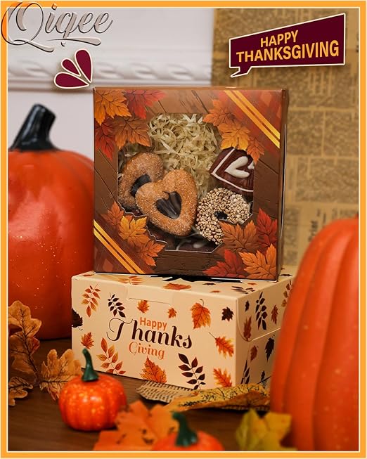 qiqee Thanksgiving Bakery Box with Window 36packs 6x6x3 Gold Leaves Cookie Boxes Pastry Box for Thanksgiving Day