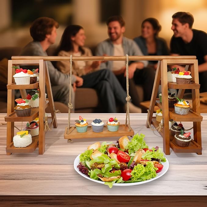Rustic 3-Tier Cupcake Stand - Wooden Desserts Stand for Cakes,Pastries &Fruits - Removable Trays& Foldable Design-Perfect for Parties Home Events and Weddings-Ideal Gift For Party Enthusiasts
