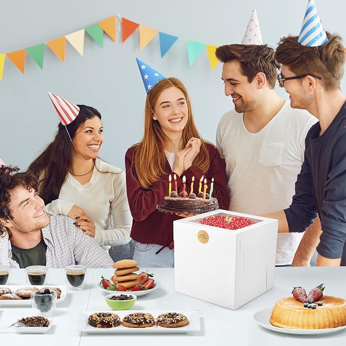 12Pcs Cake Boxes, 10x10x10 Inches Tall Cake Boxes with Window, White Disposable Tier Cake Containers for Pastries, Pie, Cookies, Chocolates, Cupcakes, Birthday Party, Wedding Bakery Boxes