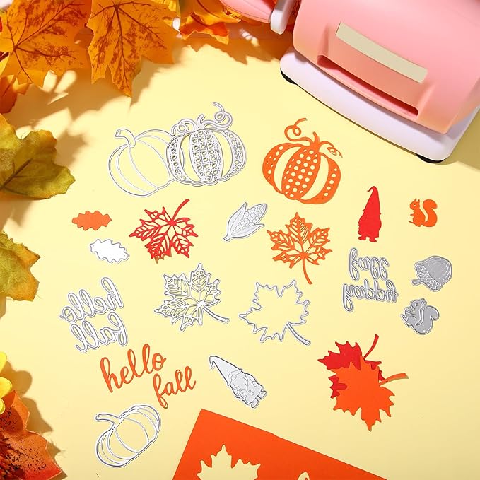 Otoolling 12 Pcs Thanksgiving Fall Metal Die Cuts for Card Making Hello Fall Maple Leaf Pumpkin Hazelnut Squirrel Corn Embossing Stencils for Autumn DIY Scrapbooking Craft Decorations