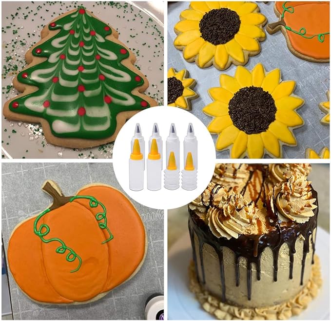 Icing Bottles with Stainless Steel Piping Tips (8 pcs) - 2 Foldable, 4 Beak, 2 Bicolor Bottles, Plastic & Stainless Steel, White & Yellow, Cake Decorating