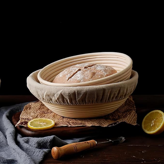 Sourdough Bread Baking Supplies, Sourdough Starter Kit, 9 Inch Round Banneton Basket with Cloth Liners, Dough Scrapers, Dough Whisk, Dough Cutter, Bread Lame for Making Baking Fermentation