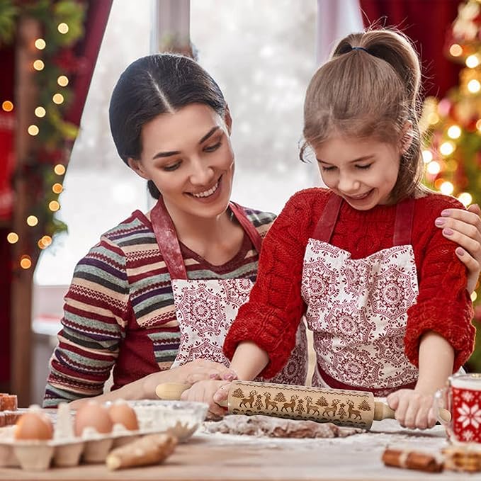 4Pack Christmas Wooden 3D Rolling Pins Embossed, Embossing Rolling Pin with Engraved Christmas Themed Symbols for Baking Embossed Cookies,Rolling Pin Kitchen Tool(14 in)