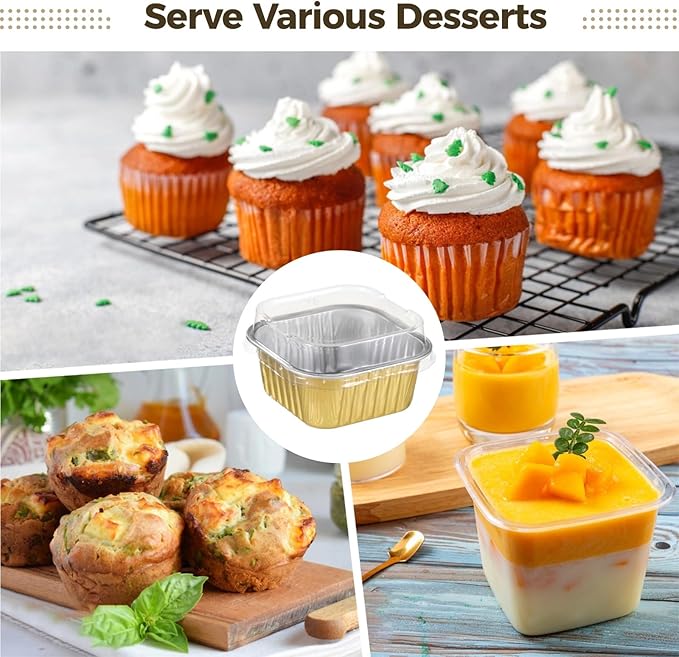 200Pcs Mini Cake Pans, 5 oz Small Cake Containers with Lids, Aluminum Foil Baking Cups, Golden Square Dessert Boxes, Cupcake Pans for Parties and Catering, Oven and Freezer Safe