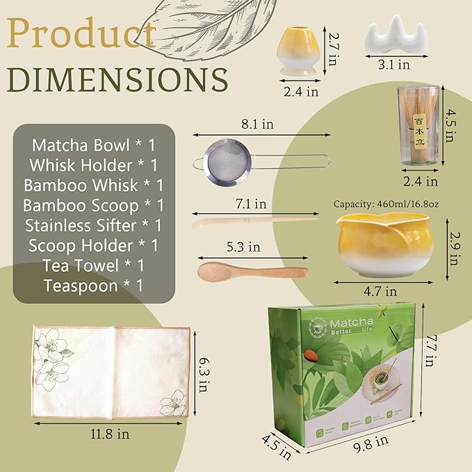 8 Pcs Matcha Whisk Set Chasen Matcha Whisk Bamboo Bowl with Spout Sifter Spoon Scoop Whisk Holder Bamboo Mat Complete Matcha Making Kit (Yellow Petal)