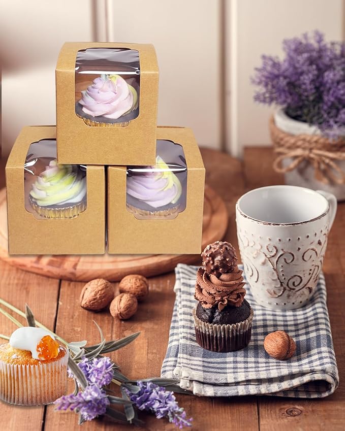 Bakepacker Auto-pop up Cupcake Boxes 100-Packs Individual Cupcake Container Brown 3.5" x 3.5" x 3.5" Single Cupcake Boxes