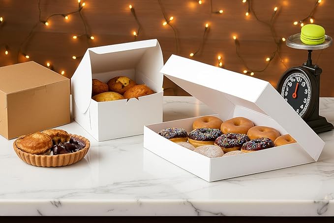 Reversible Bakery Boxes 11 x 7.25 x 3 in, No Window Lock Corner Boxes with Front Tuck Lock & Side Clips, for Danishes, Loaf Cakes & Pastries, Kraft or White Exterior, Microwavable, 100 Pack