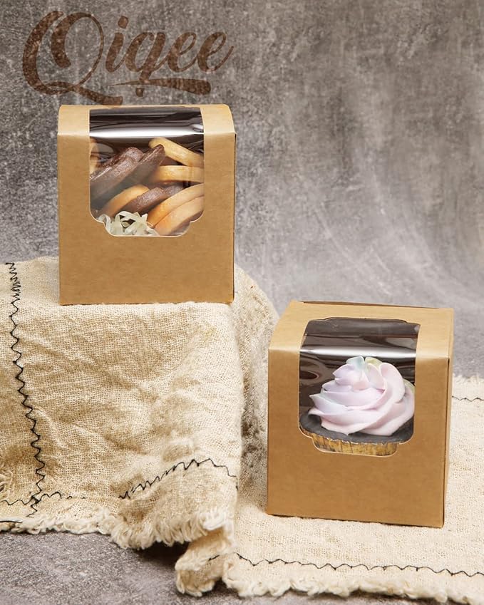 qiqee 60-Packs Cupcake Boxes Auto-pop up Individual Cupcake Container Brown Kraft 3.5" x 3.5" x 3.5" Single Cupcake Boxes