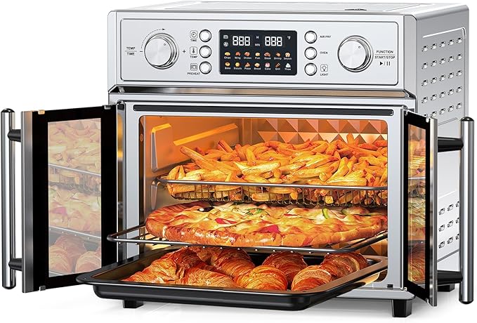27.5QT French Door Air Fryer Toaster Oven Combo, Countertop Oven with 14 Presets & Digital Control, Stainless Steel Large Toaster Oven for Baking, Roasting, Includes Accessories,Silver