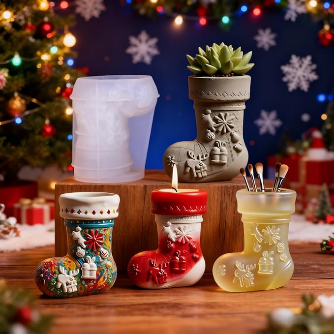 Reusable Christmas Stocking Silicone Molds with Easy Release, DIY Resin Craft Kit for Making Cosmetic Organizers,Ornaments and Plant Pots(2#)