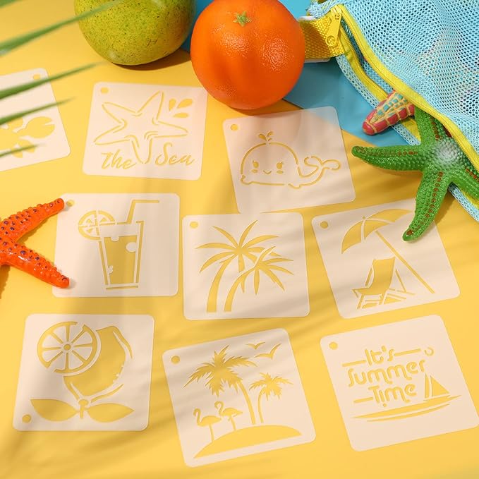 Augshy Beach Stencils, 56 Pack Summer Beach Wood Hawaiian Ocean Life Stencils for Scrapbooking Drawing Wall Floor Decor DIY Rock Painting Art Projects (3 Inch)