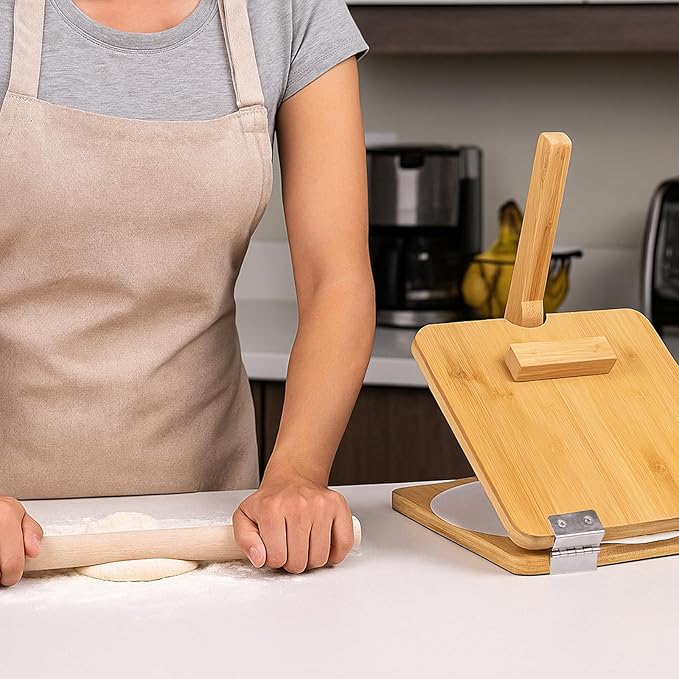 Premium Wooden Tortilla Press(Square 10"),Tortilla Maker Press Set with 50 Pieces Parchment Paper, Rolling Pin,Dough Scraper,Easy to Use and Clean,Durable and Solid.