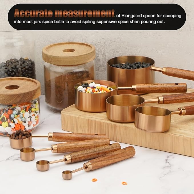 Gold Measuring Cups and Spoons Set, 8 Piece Premium Stainless Steel Measuring Cups with Wood Handles for Baking Supplies in the Kitchen (Bronze)
