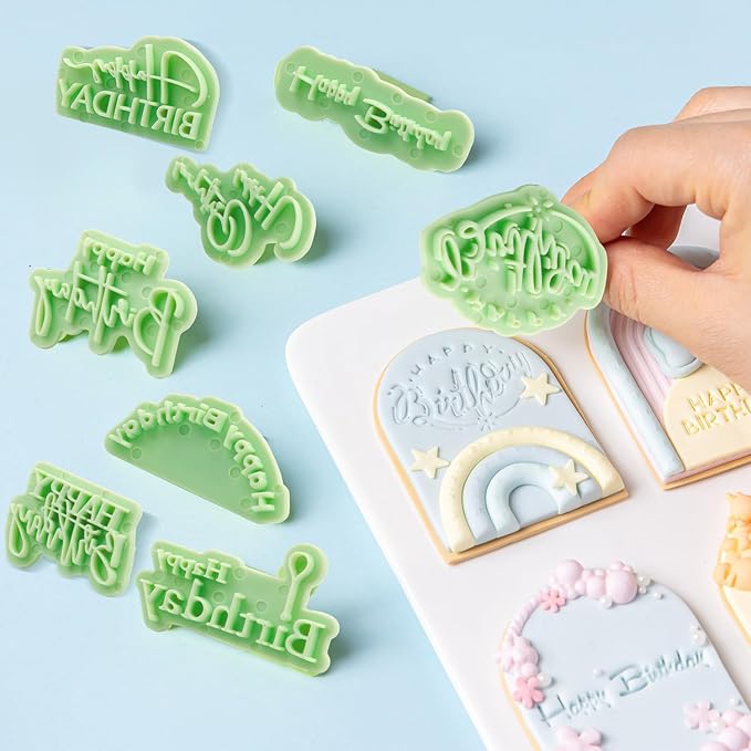 KALAIEN 8 Pcs Happy Birthday Fondant Letter Cutters,Cookie Stamps for cake Cookie Baking Decoration,Happy Birthday Fondant Stamp