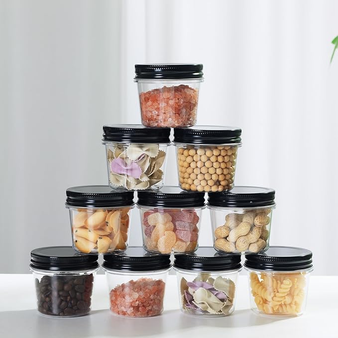 novelinks Plastic Jars With Lids 60Pcs 4 oz Mason Jars Plastic Mason Jars 4 oz Food Storage for Milkshakes Juice Nuts Cupcakes (Black, 60 Pack 4 Ounce)