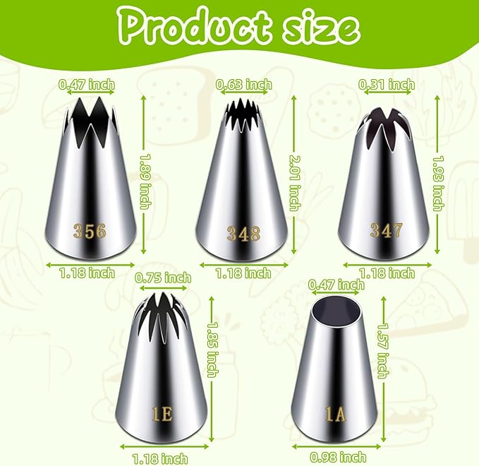 Suuker Large Piping Tips Set, Stainless Steel Frosting Piping Kit, 5 Pieces Pastry Cake Decorating Tips Baking Tools for Cookies Cupcake Decorating Kit (1A 1E 348 347 356)