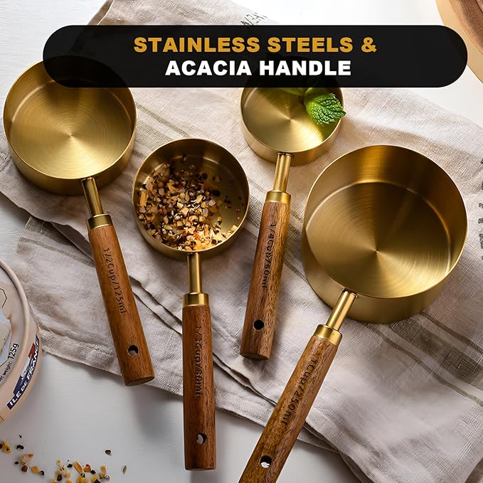 Gold Measuring Cups and Spoons Set, 8 Piece Premium Stainless Steel Measuring Cups with Wood Handles for Baking Supplies in the Kitchen (Gold)