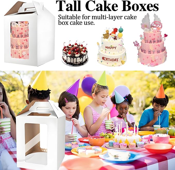 Cake Boxes - 2 Pack Tall Cake Box 12x12x14 Inch Disposable Layer Carrier with Window Large Tierd Cake Out Transport Containers with Handle for Wedding, Birthday, Party (White)